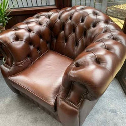 Gorgeous Antique Brown Leather Chesterfield Club Chair, by Saxon Furniture.