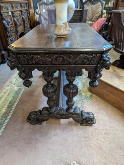 Gothic 19th Century Dolphin feet Library Table, fabulous colour and carving.