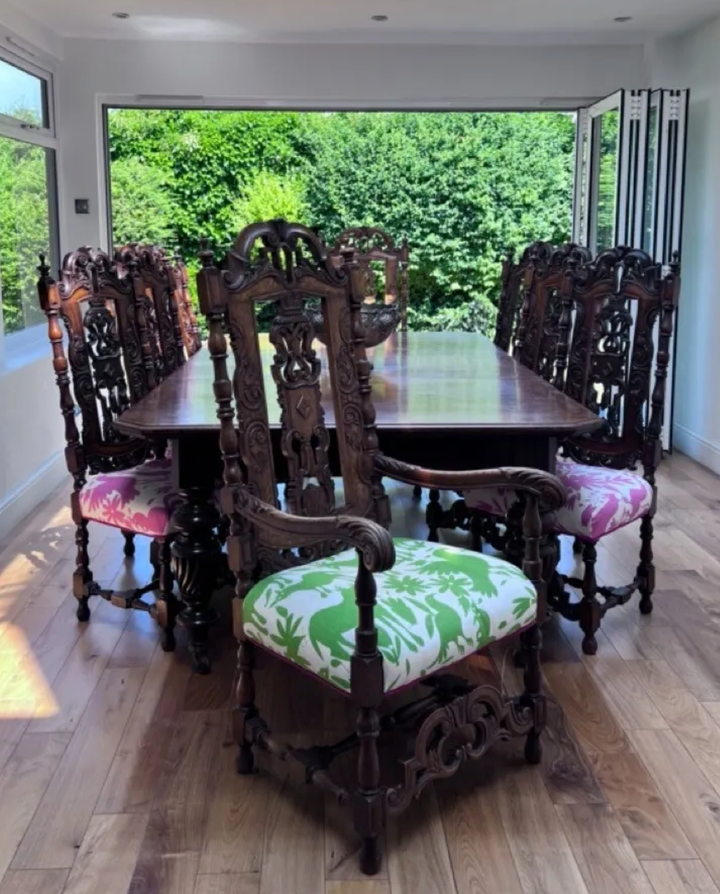 Stunning Victorian Carved oak wind out dining table and 8 Carolean Revival Dining chairs, Statement Piece