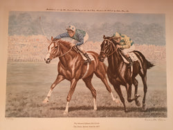 World renowned equine artist Richard Stone Reeves print "The Minstrel Defeats Hot Grove" from 1977, published in 1978 by The Newmarket Gallery of New York, U.S.A,