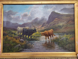 Edward Heaton 19th century Original Oil on Canvas, Highland Cattle.
